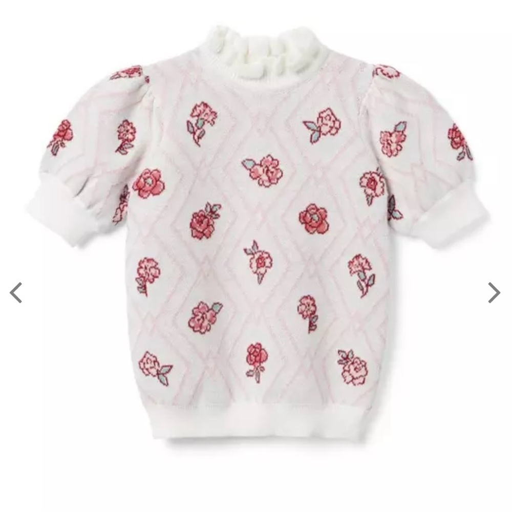 Janie and Jack Girls' Floral Argyle Sweater Top Short Sleeve Ivory Pink Size 14